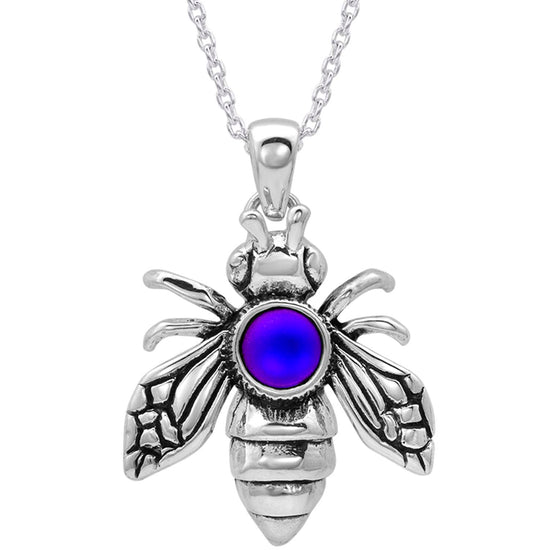 Bee Pendant  symbolizes community, brightness, and personal power, while also serving as a reminder of the vital role bees play in the Earth's ecosystem. The frosted blue pendant comes with an 18" sterling silver .7mm box chain included.