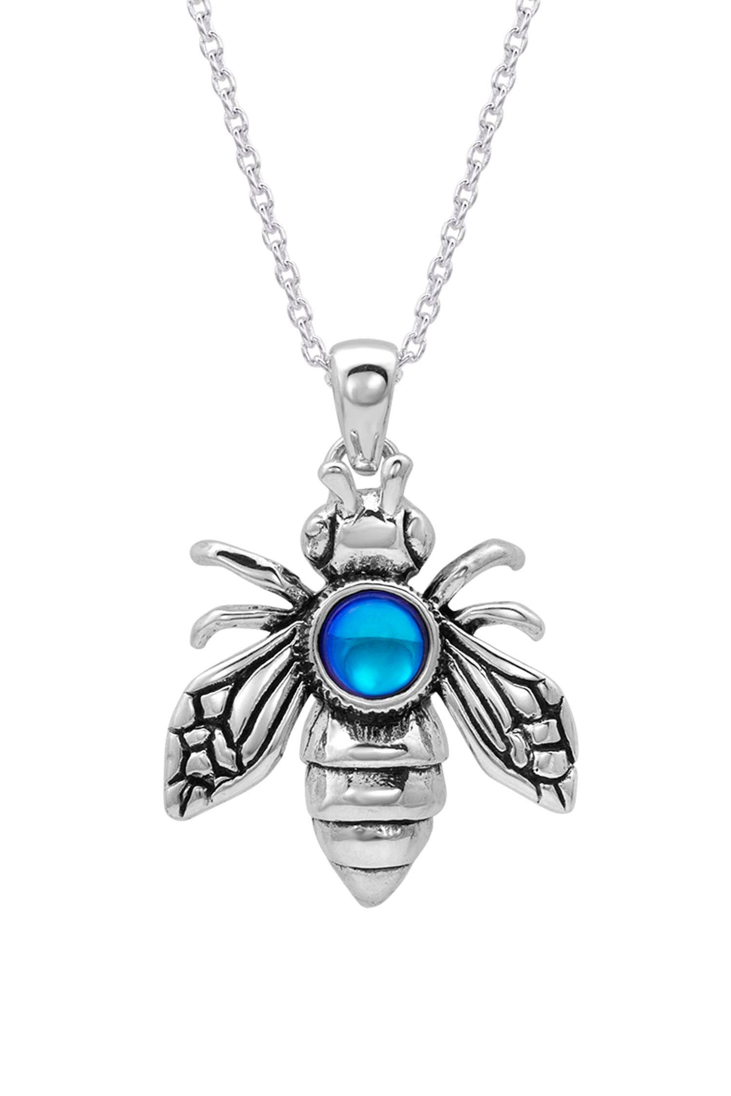 Bee Pendant  symbolizes community, brightness, and personal power, while also serving as a reminder of the vital role bees play in the Earth's ecosystem. The polished blue pendant comes with an 18" sterling silver .7mm box chain included.