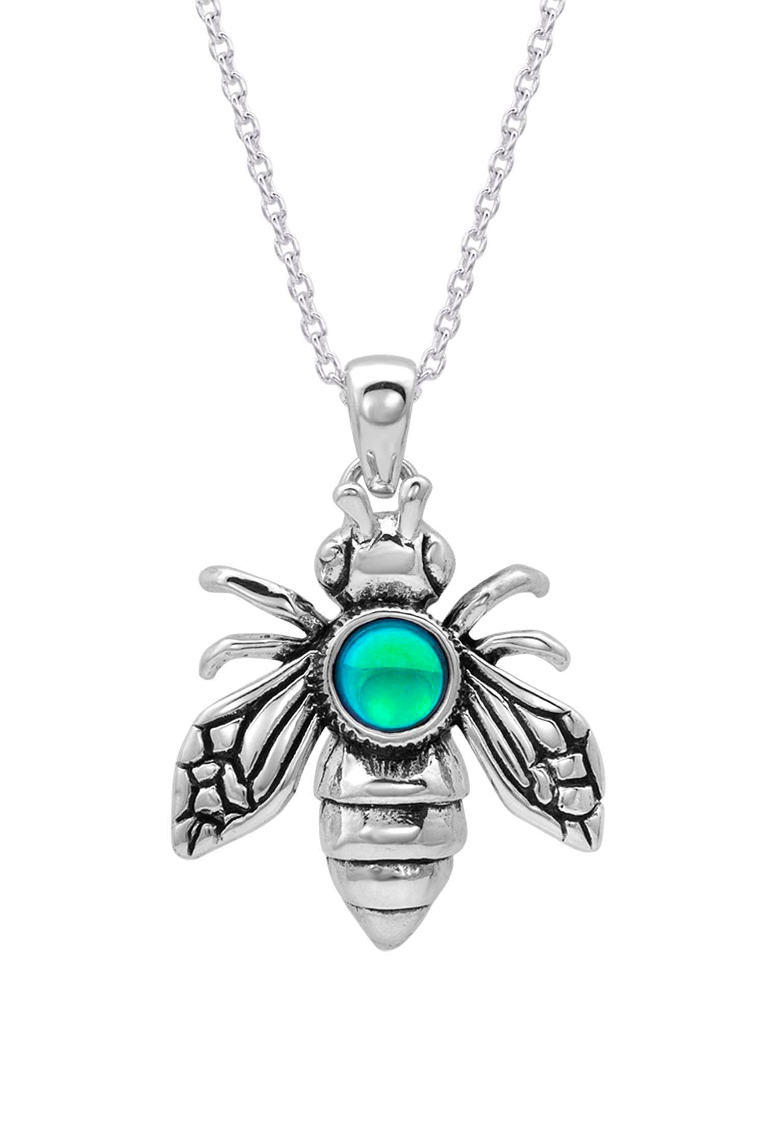 Bee Pendant  symbolizes community, brightness, and personal power, while also serving as a reminder of the vital role bees play in the Earth's ecosystem. The polished green pendant comes with an 18" sterling silver .7mm box chain included.
