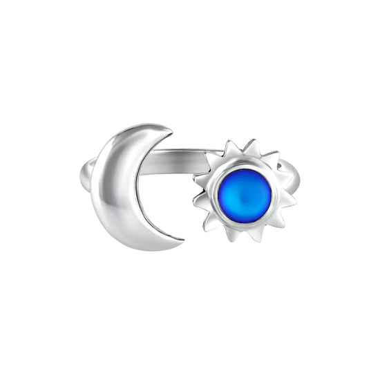 Sun and Moon Ring featuring a beautiful 5mm frosted blue stone set in solid sterling silver. This adjustable ring embraces the harmonious balance of sunrise and sunset, crafted for versatility and style.