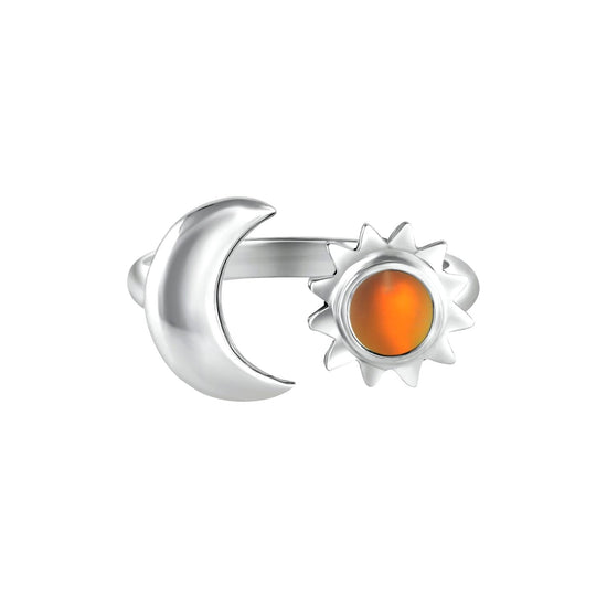 Sun and Moon Ring featuring a beautiful 5mm frosted fire stone set in solid sterling silver. This adjustable ring embraces the harmonious balance of sunrise and sunset, crafted for versatility and style.