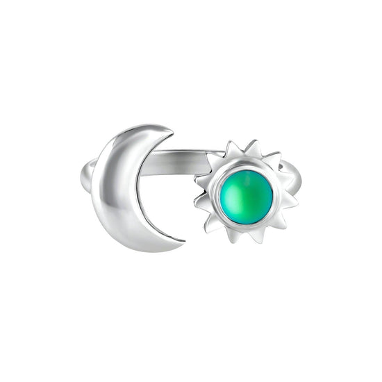 Sun and Moon Ring featuring a beautiful 5mm frosted green stone set in solid sterling silver. This adjustable ring embraces the harmonious balance of sunrise and sunset, crafted for versatility and style.