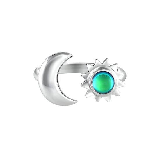 Sun and Moon Ring featuring a beautiful 5mm polished green stone set in solid sterling silver. This adjustable ring embraces the harmonious balance of sunrise and sunset, crafted for versatility and style.