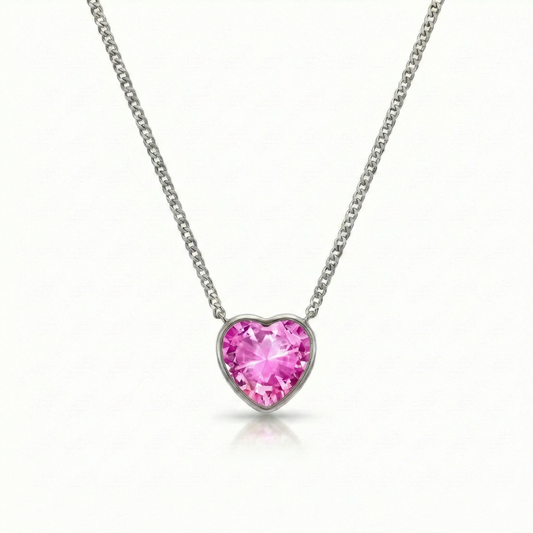 Waterproof heart Crystal Necklace with stainless chain and an exquisite pendant features an intricate design with a radiant pink crystal centerpiece. 