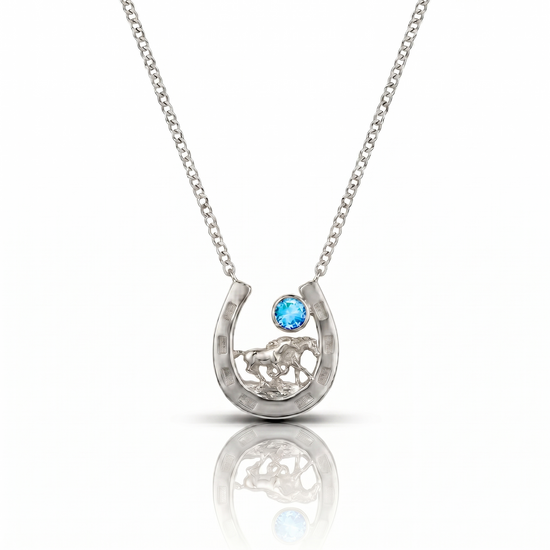 Silver necklace with a horseshoe pendant featuring a blue gemstone on a white background