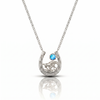 Silver necklace with a horseshoe pendant featuring a blue gemstone on a white background