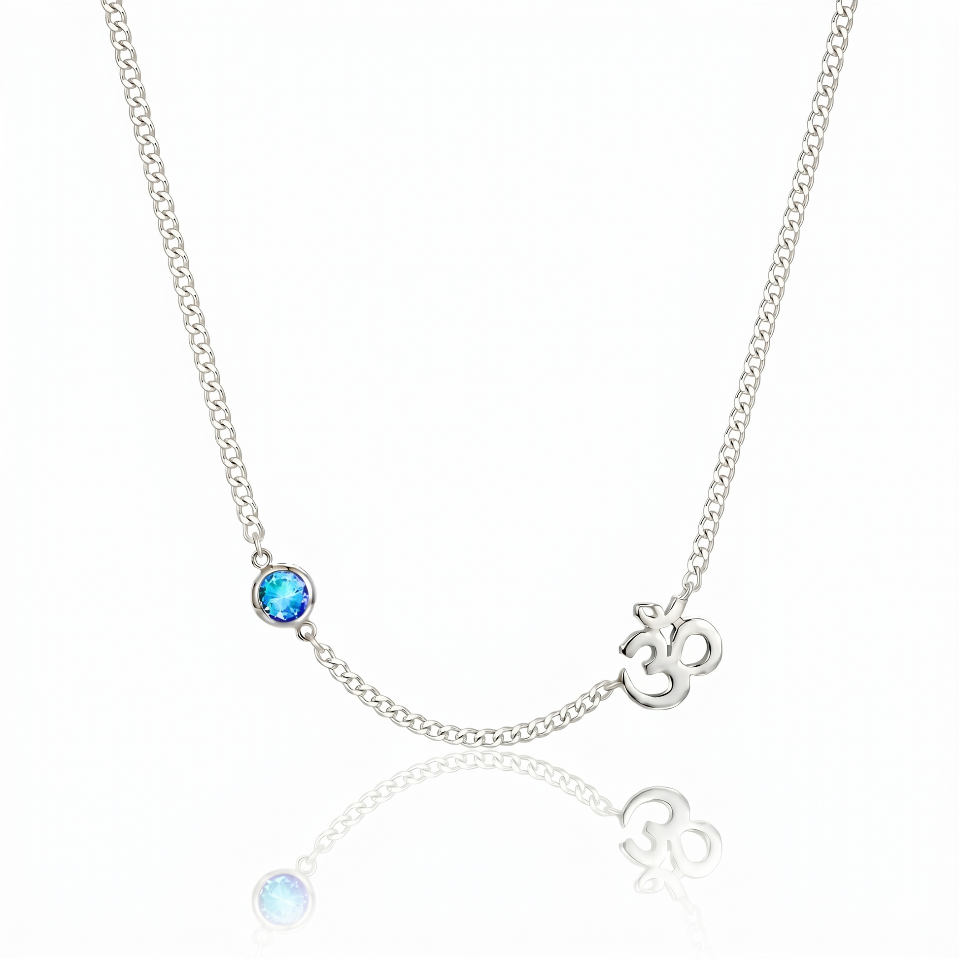 Om Necklace with a blue gemstone and a silver pendant on a white background