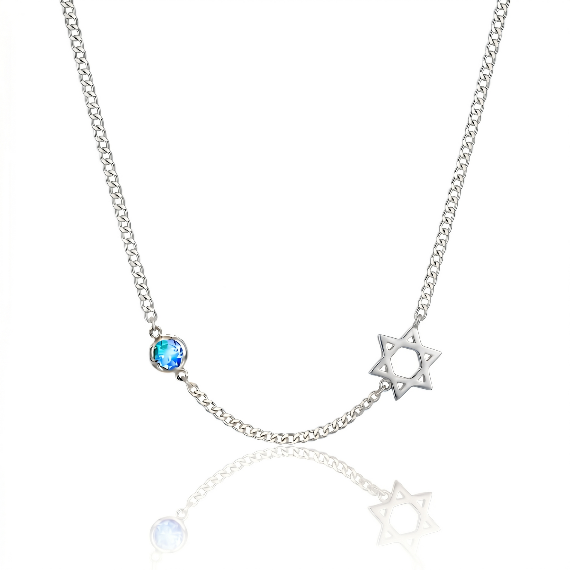 Necklace with a star-shaped pendant and blue gemstone on a white background