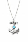 Silver anchor pendant with a blue gemstone on a white background