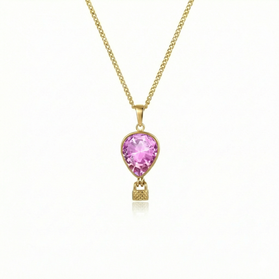 Gold necklace with a pink pendant featuring a delicate hot air balloon charm on a fine chain.