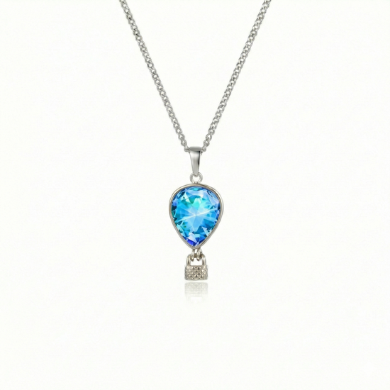 Silver necklace with a blue pendant featuring a delicate hot air balloon charm on a fine chain.