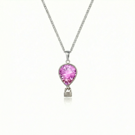 Silver necklace with a pink pendant featuring a delicate hot air balloon charm on a fine chain.