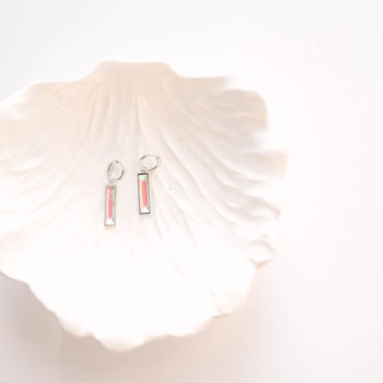 minimalist bar earrings feature a sleek 5 x 20 mm stone set in a refined design, suspended from classic 12mm hoops. The elongated stone creates an elegant vertical accent, while the hoop silhouette offers versatile everyday wear.