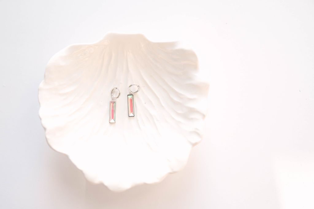 minimalist bar earrings feature a sleek 5 x 20 mm stone set in a refined design, suspended from classic 12mm hoops. The elongated stone creates an elegant vertical accent, while the hoop silhouette offers versatile everyday wear.