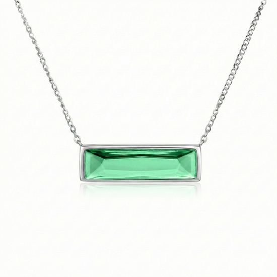 Silver necklace with a green rectangular pendant