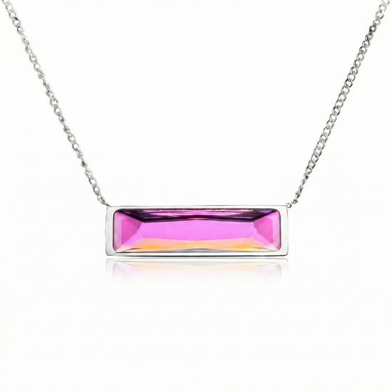 Silver necklace with a pink rectangular pendant