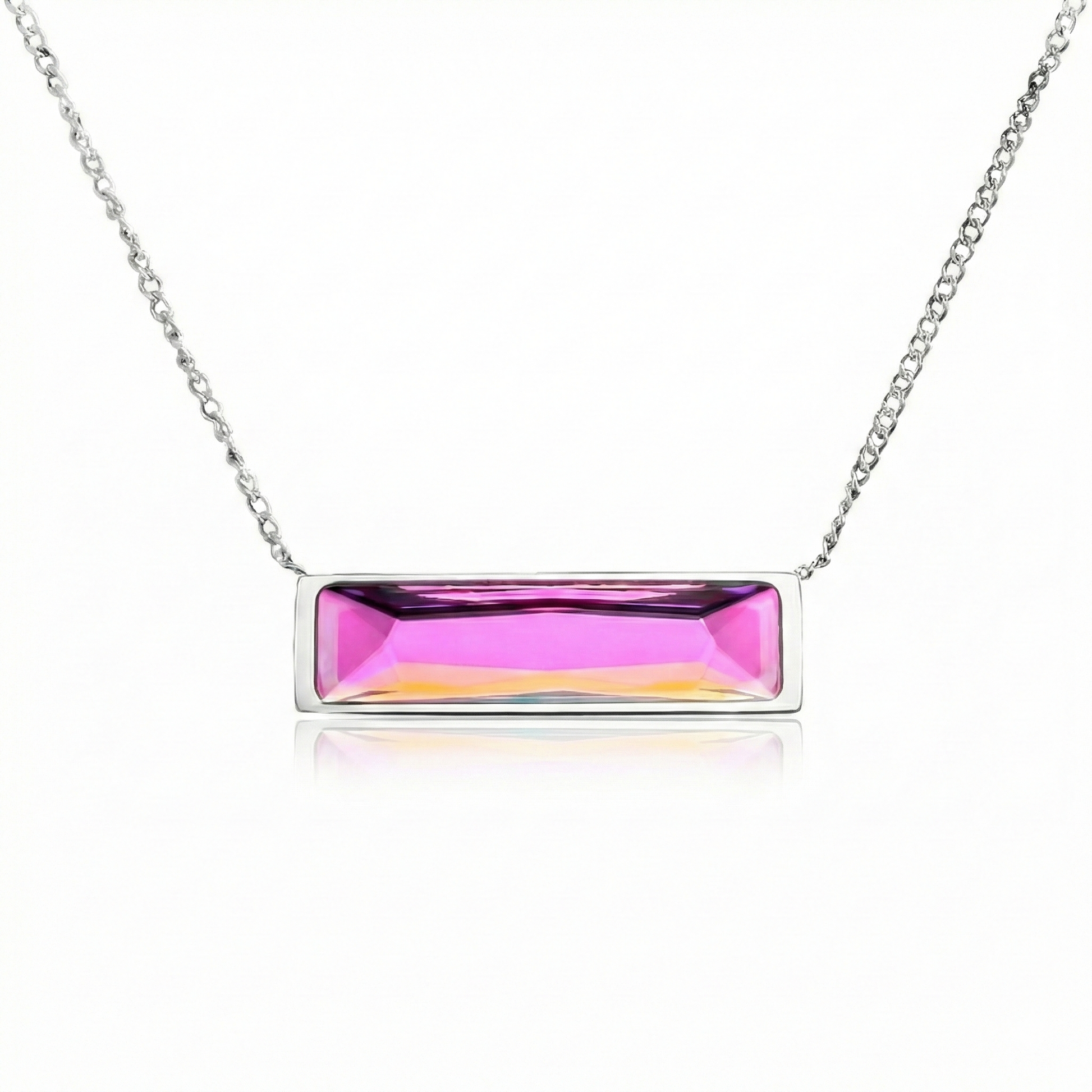 Silver necklace with a pink rectangular pendant