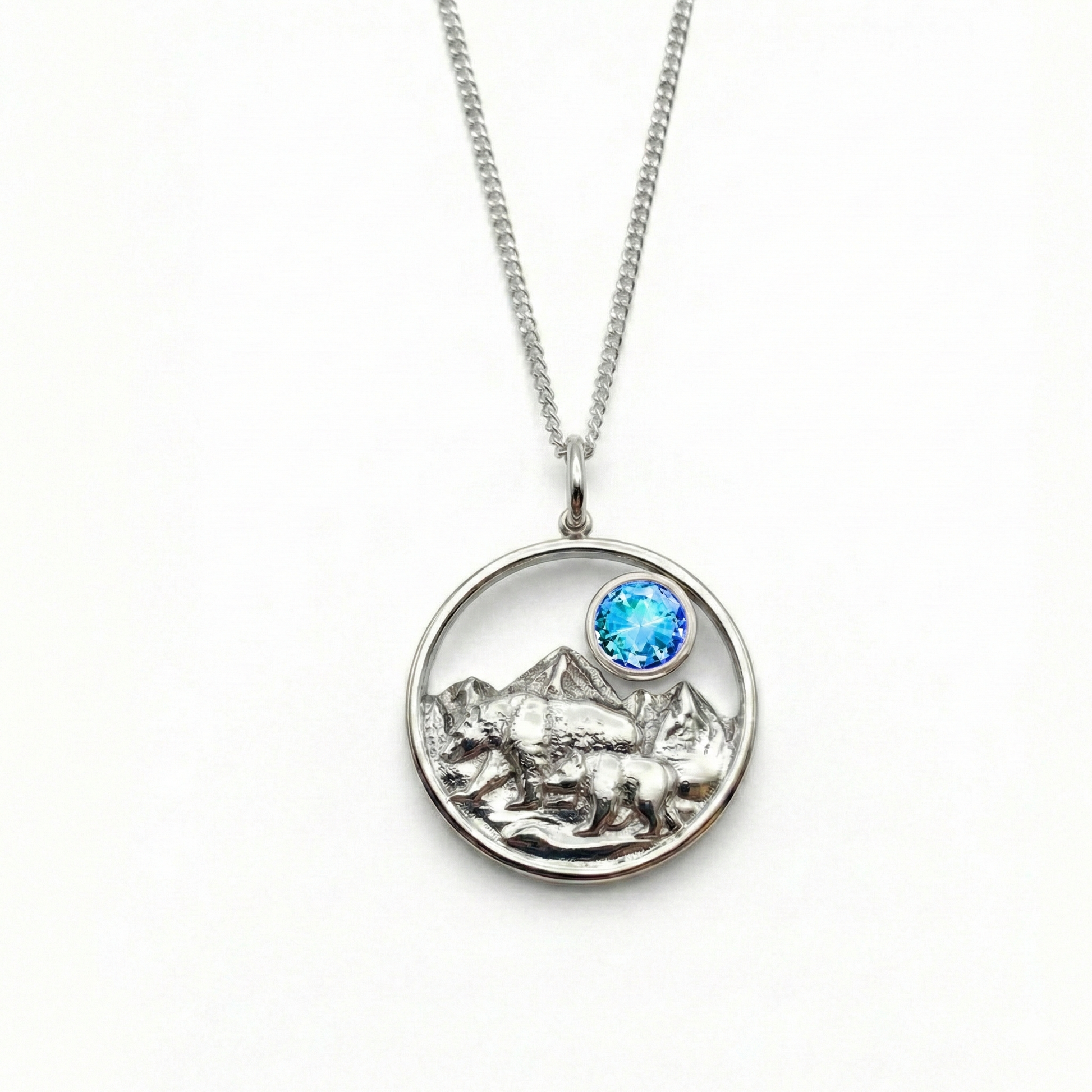 Bear Necklace featuring a detailed bear polished blue pendant suspended from an adjustable 16"-18" chain.