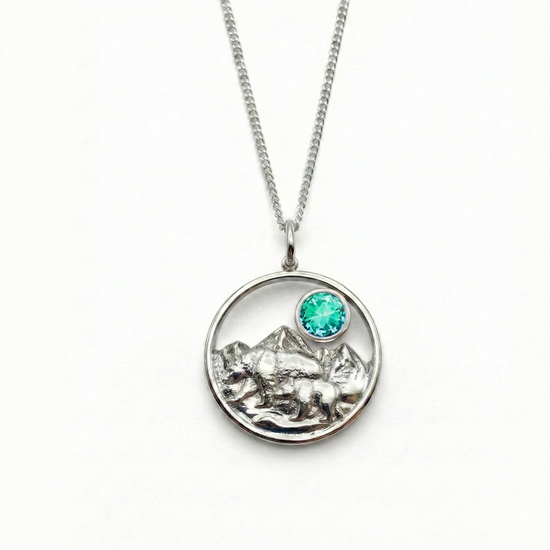 Bear Necklace featuring a detailed bear polished green pendant suspended from an adjustable 16"-18" chain.