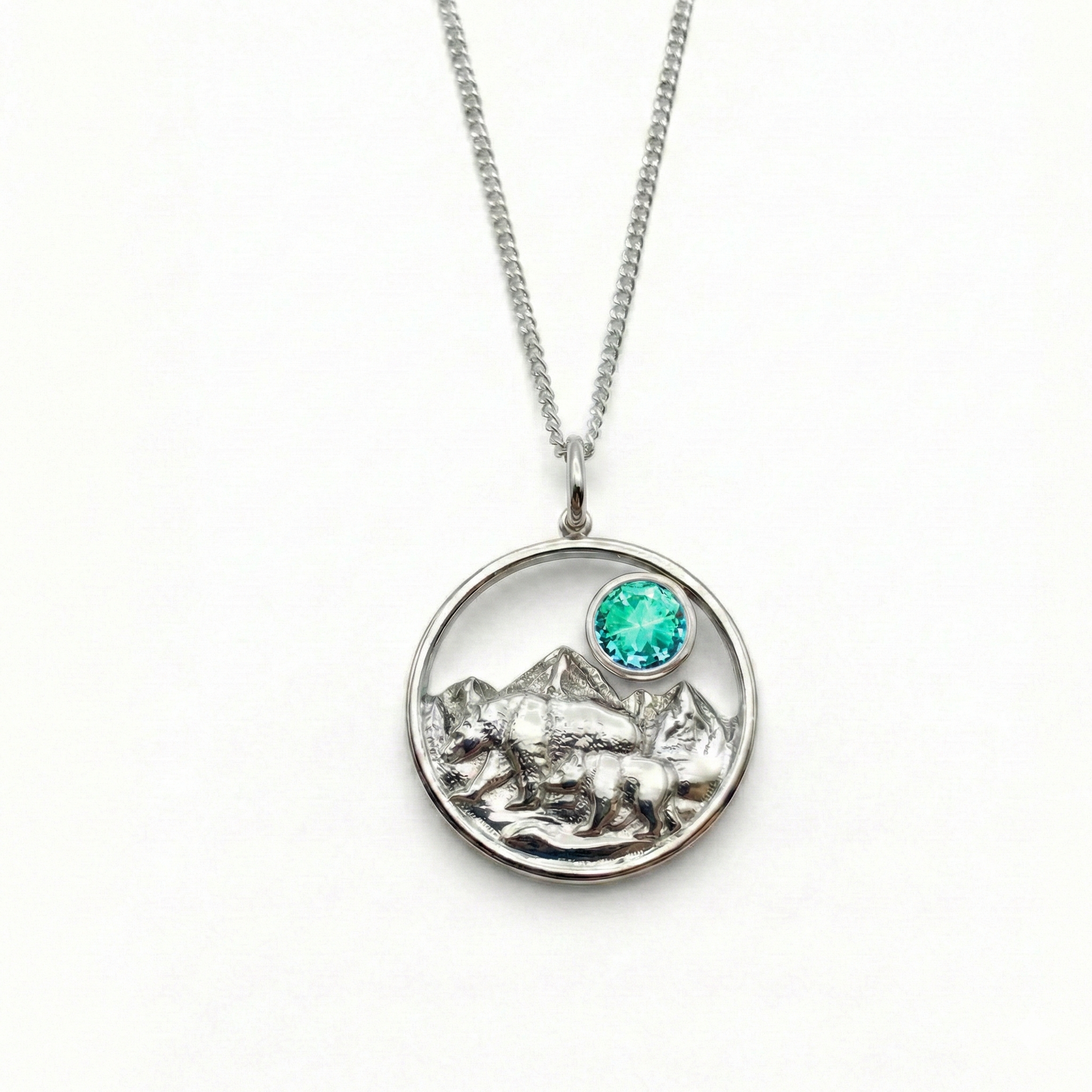 Bear Necklace featuring a detailed bear polished green pendant suspended from an adjustable 16"-18" chain.