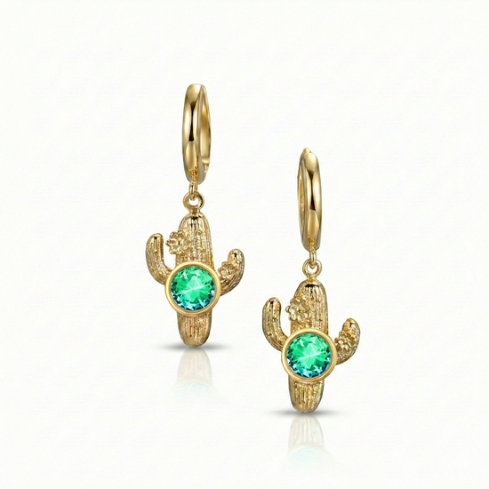Gold cactus-shaped earrings with green gemstones and an 18K gold stainless hoop.
