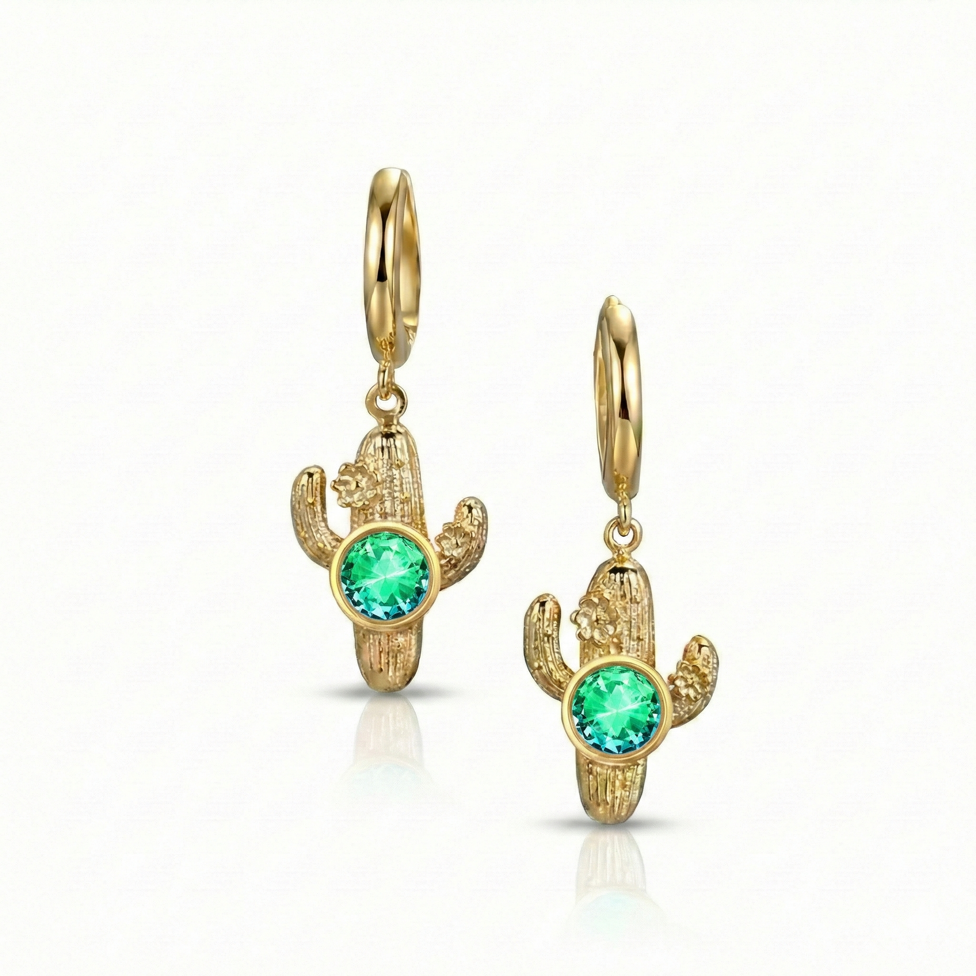 Gold cactus-shaped earrings with green gemstones and an 18K gold stainless hoop.