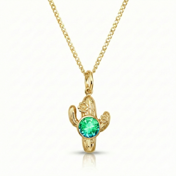 Gold cactus-shaped pendant with a green gemston