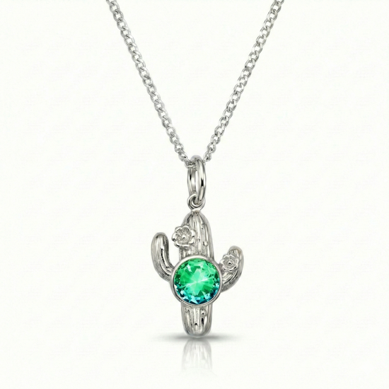 Silver cactus-shaped pendant with a green gemstone