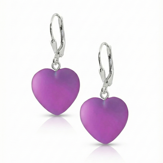 Crystal Heart Earrings featuring .925 sterling silver lever-back components with frosted pink stone.