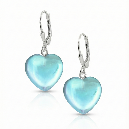 Crystal Heart Earrings featuring .925 sterling silver lever-back components with polished aqua stone.