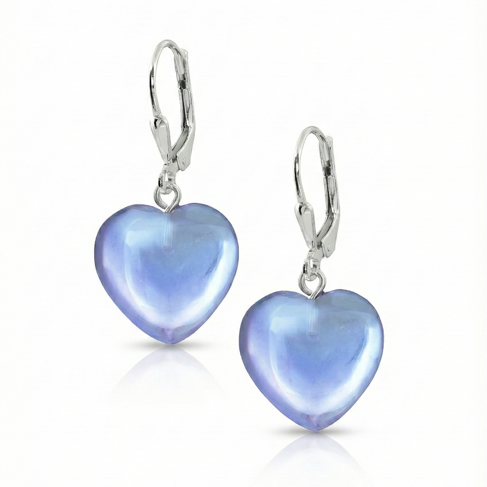 Crystal Heart Earrings featuring .925 sterling silver lever-back components with polished blue stone.