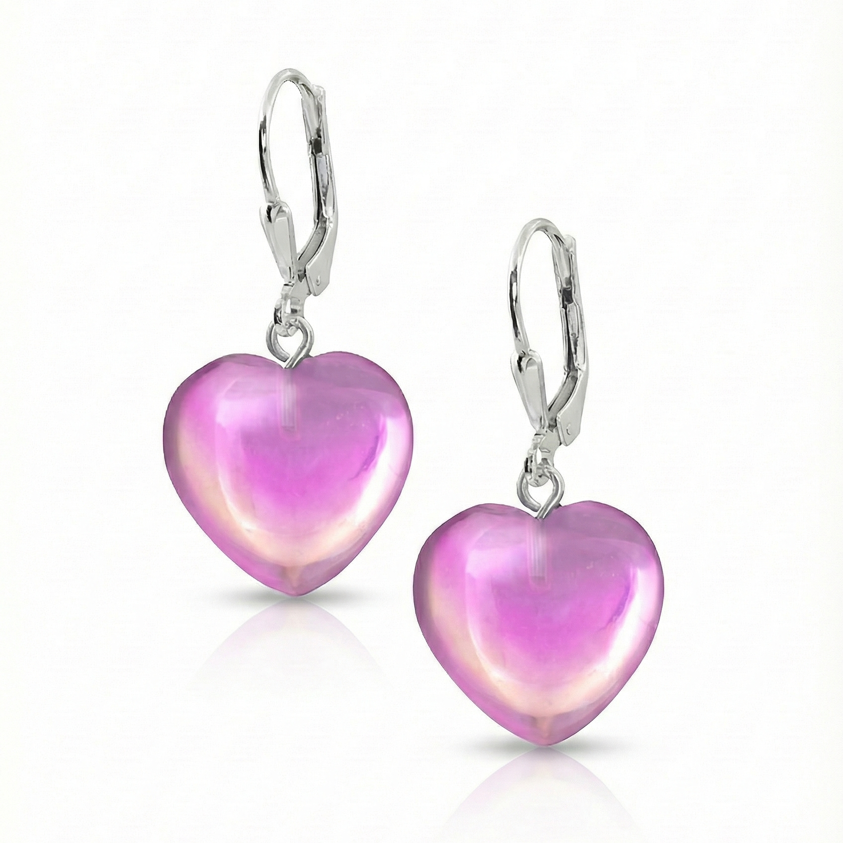 Crystal Heart Earrings featuring .925 sterling silver lever-back components with polished pink stone.