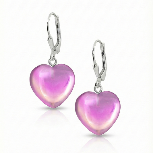 Crystal Heart Earrings featuring .925 sterling silver lever-back components with polished pink stone.