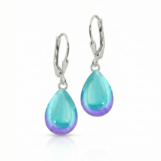 Dangle Crystal Drop Earrings are the perfect choice. Crafted with .925 sterling silver lever-back components with stunning aurora borealis iridescent polished aqua crystals to take center stage.