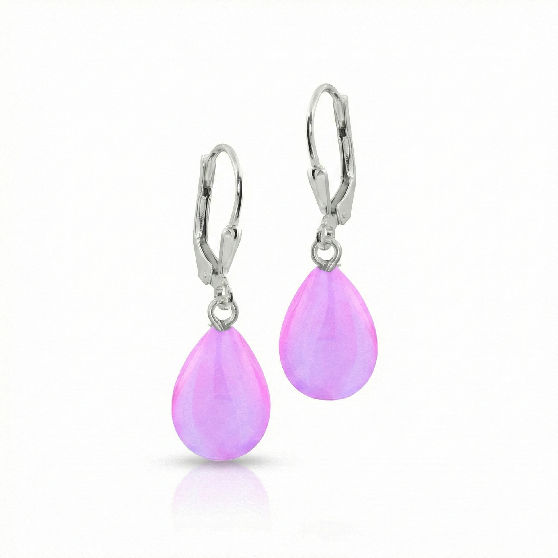 Dangle Crystal Drop Earrings are the perfect choice. Crafted with .925 sterling silver lever-back components with stunning aurora borealis iridescent polished pink crystals to take center stage.