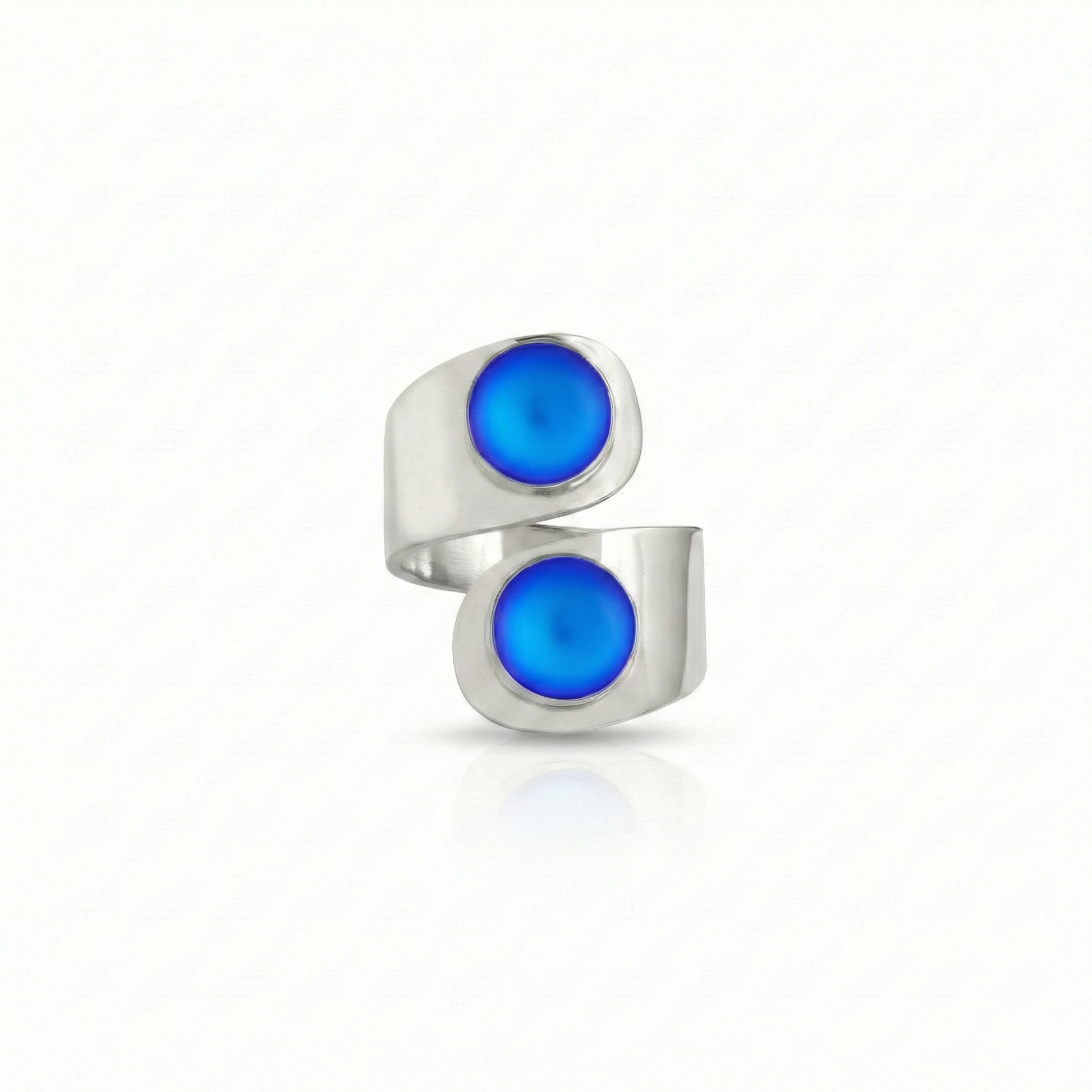 Double Circle Ring, hand-crafted .925 sterling silver ring with two circle frosted blue crystals added for brilliance. This solid sterling silver ring is adjustable design and can be made larger or smaller.