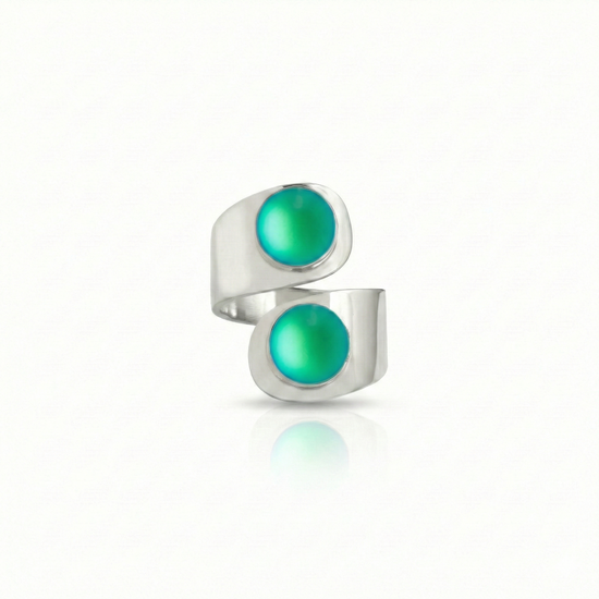 Double Circle Ring, hand-crafted .925 sterling silver ring with two circle frosted green crystals added for brilliance. This solid sterling silver ring is adjustable design and can be made larger or smaller.