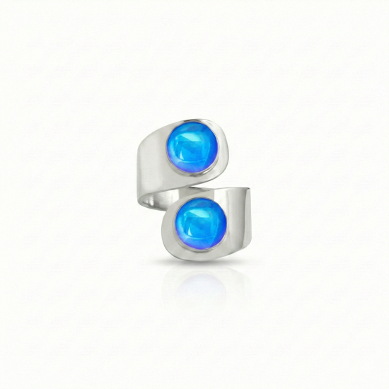 Double Circle Ring, hand-crafted .925 sterling silver ring with two circle polished blue crystals added for brilliance. This solid sterling silver ring is adjustable design and can be made larger or smaller.