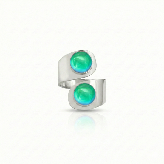 Double Circle Ring, hand-crafted .925 sterling silver ring with two circle polished green crystals added for brilliance. This solid sterling silver ring is adjustable design and can be made larger or smaller.