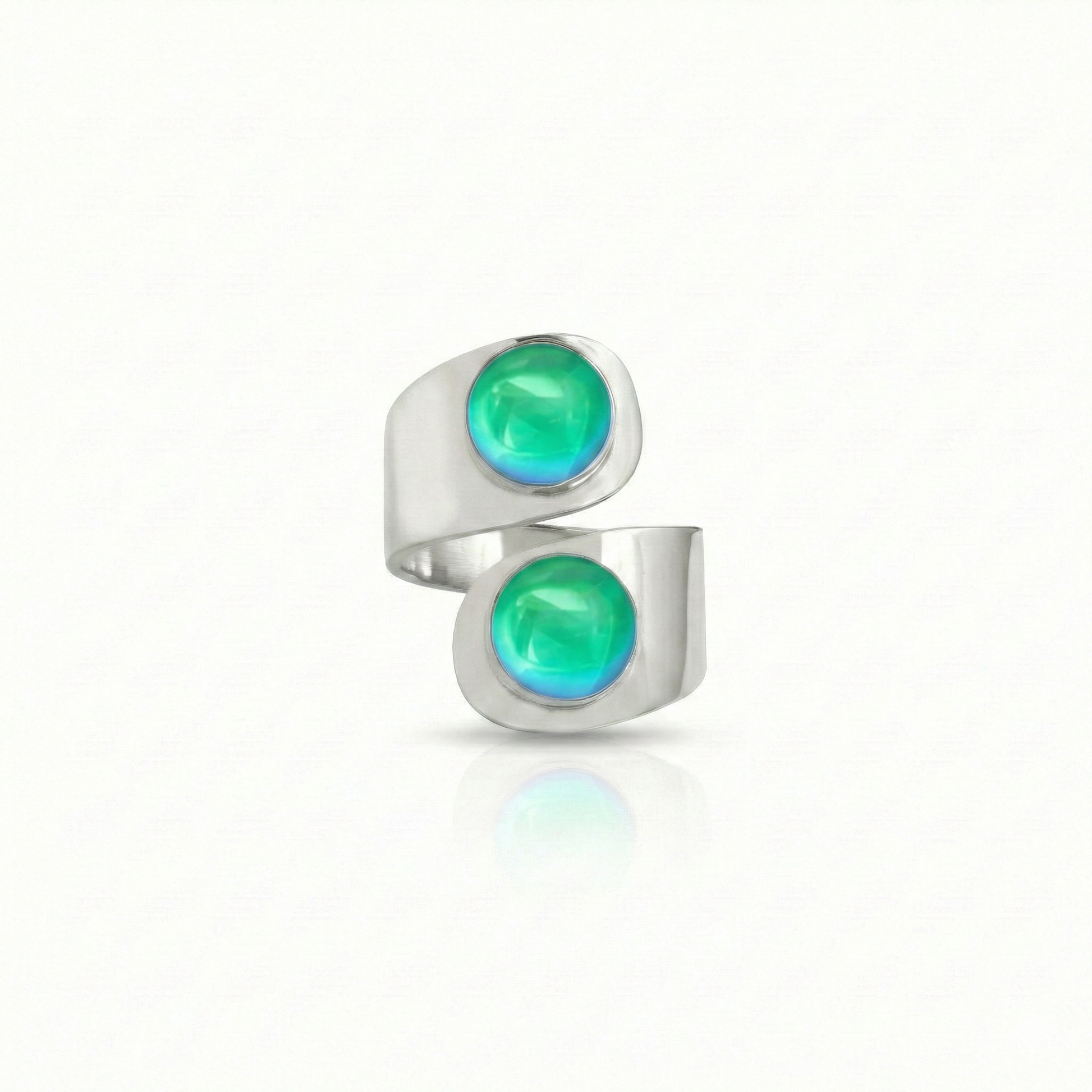 Double Circle Ring, hand-crafted .925 sterling silver ring with two circle polished green crystals added for brilliance. This solid sterling silver ring is adjustable design and can be made larger or smaller.
