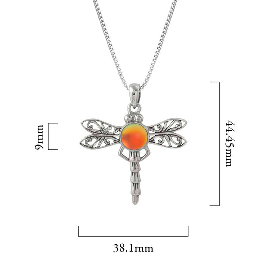 Dragonfly Pendant, this handmade pendant features a stunning glowing frosted fire crystal, elegantly surrounded by intricate silver details in the dragonfly's wings and body. The pendant comes with an 18" sterling silver .7mm box chain included.