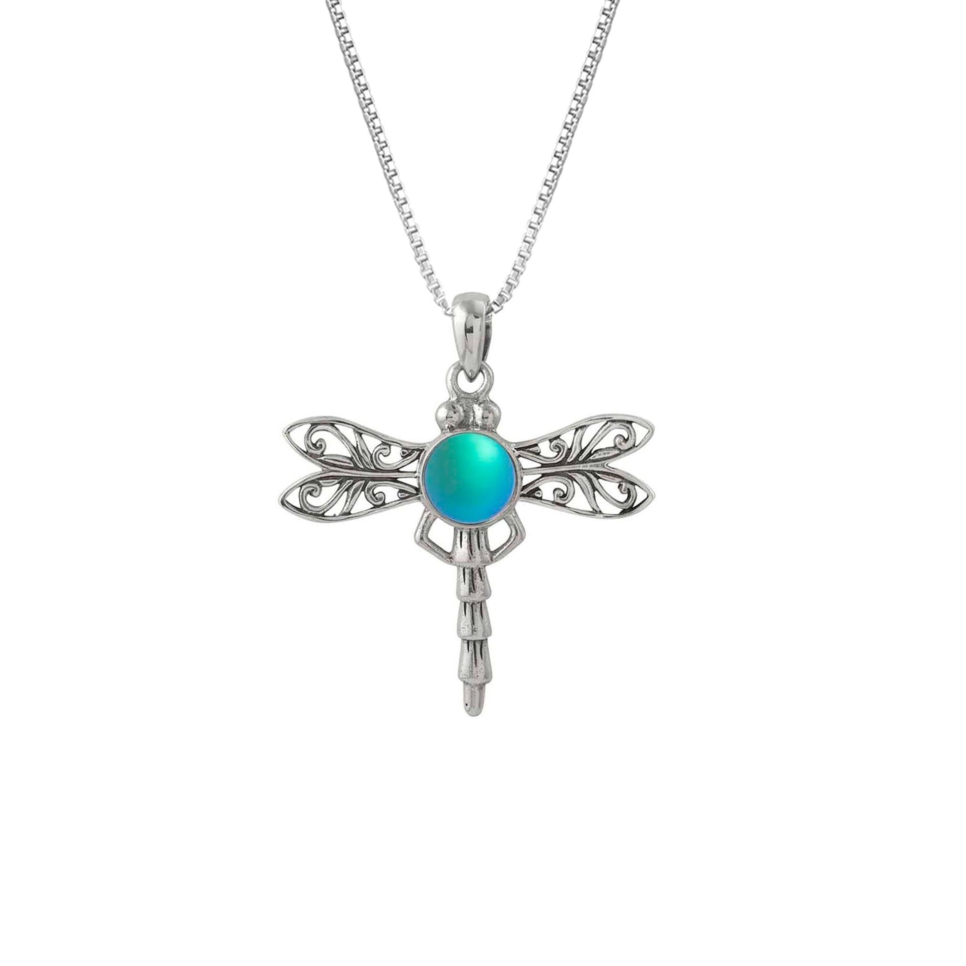 Dragonfly Pendant, this handmade pendant features a stunning glowing frosted aqua crystal, elegantly surrounded by intricate silver details in the dragonfly's wings and body. The pendant comes with an 18" sterling silver .7mm box chain included.