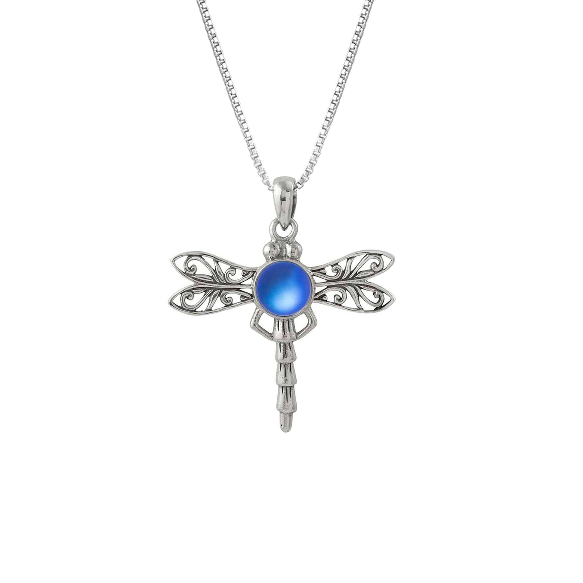 Dragonfly Pendant, this handmade pendant features a stunning glowing frosted blue crystal, elegantly surrounded by intricate silver details in the dragonfly's wings and body. The pendant comes with an 18" sterling silver .7mm box chain included.