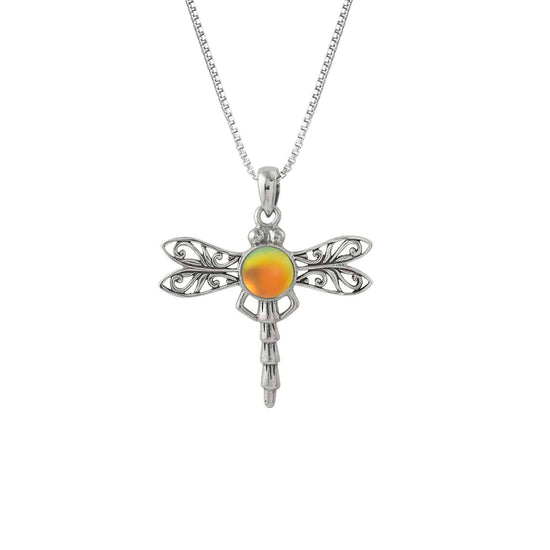 Dragonfly Pendant, this handmade pendant features a stunning glowing frosted fire crystal, elegantly surrounded by intricate silver details in the dragonfly's wings and body. The pendant comes with an 18" sterling silver .7mm box chain included.