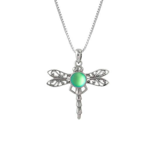 Dragonfly Pendant, this handmade pendant features a stunning glowing frosted green crystal, elegantly surrounded by intricate silver details in the dragonfly's wings and body. The pendant comes with an 18" sterling silver .7mm box chain included.