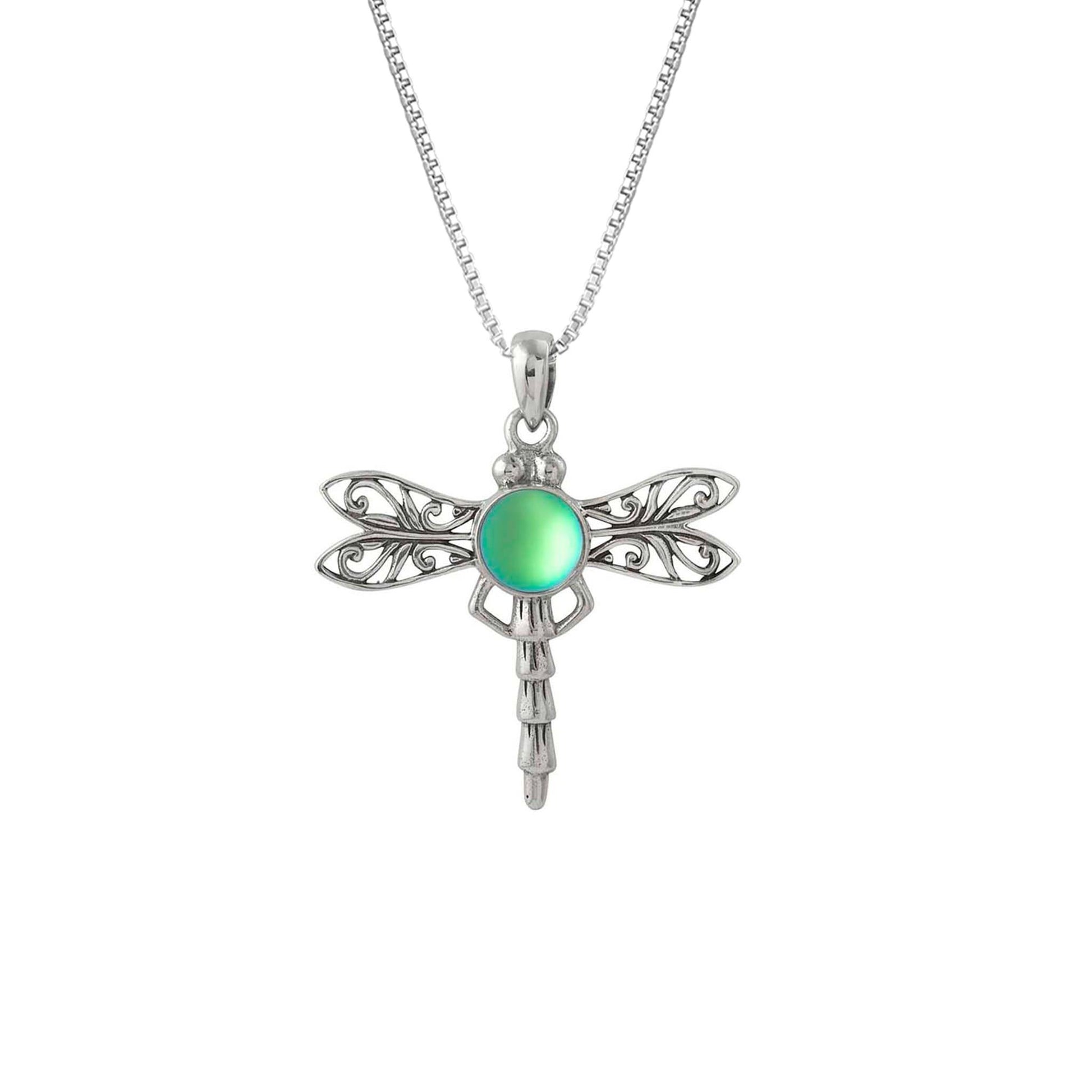 Dragonfly Pendant, this handmade pendant features a stunning glowing frosted green crystal, elegantly surrounded by intricate silver details in the dragonfly's wings and body. The pendant comes with an 18" sterling silver .7mm box chain included.