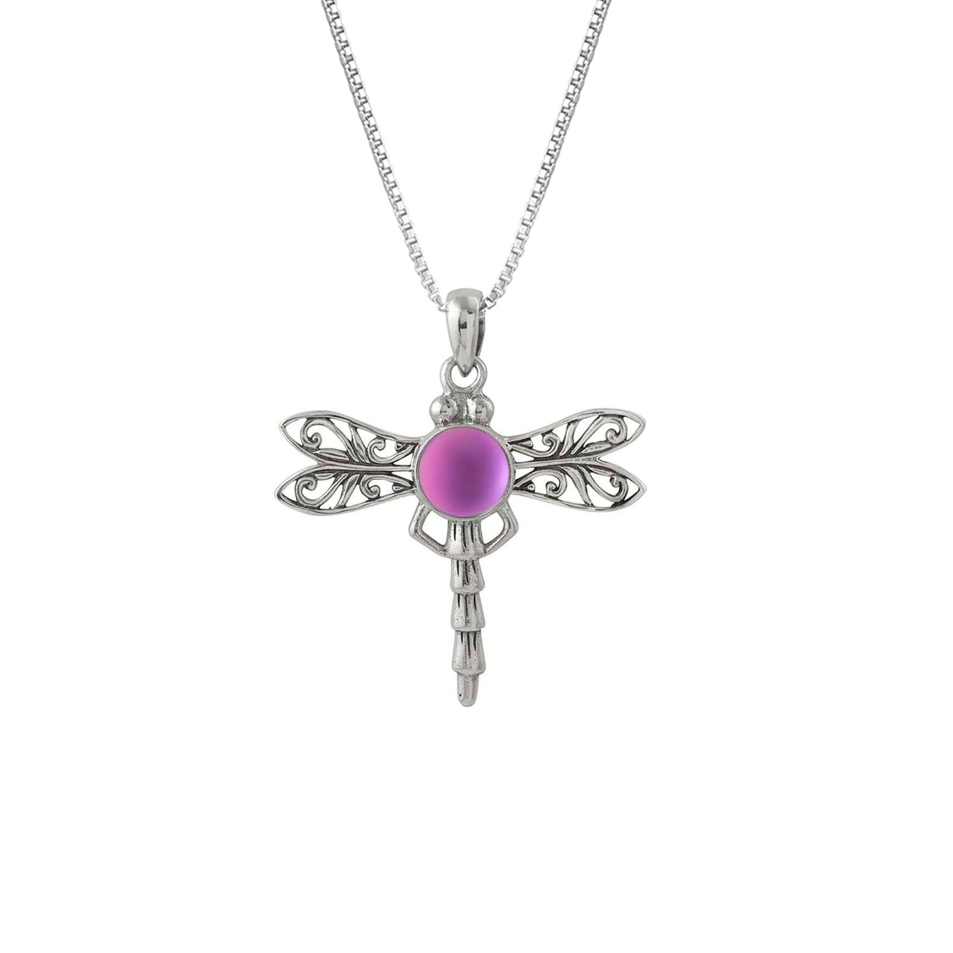 Dragonfly Pendant, this handmade pendant features a stunning glowing frosted pink crystal, elegantly surrounded by intricate silver details in the dragonfly's wings and body. The pendant comes with an 18" sterling silver .7mm box chain included.