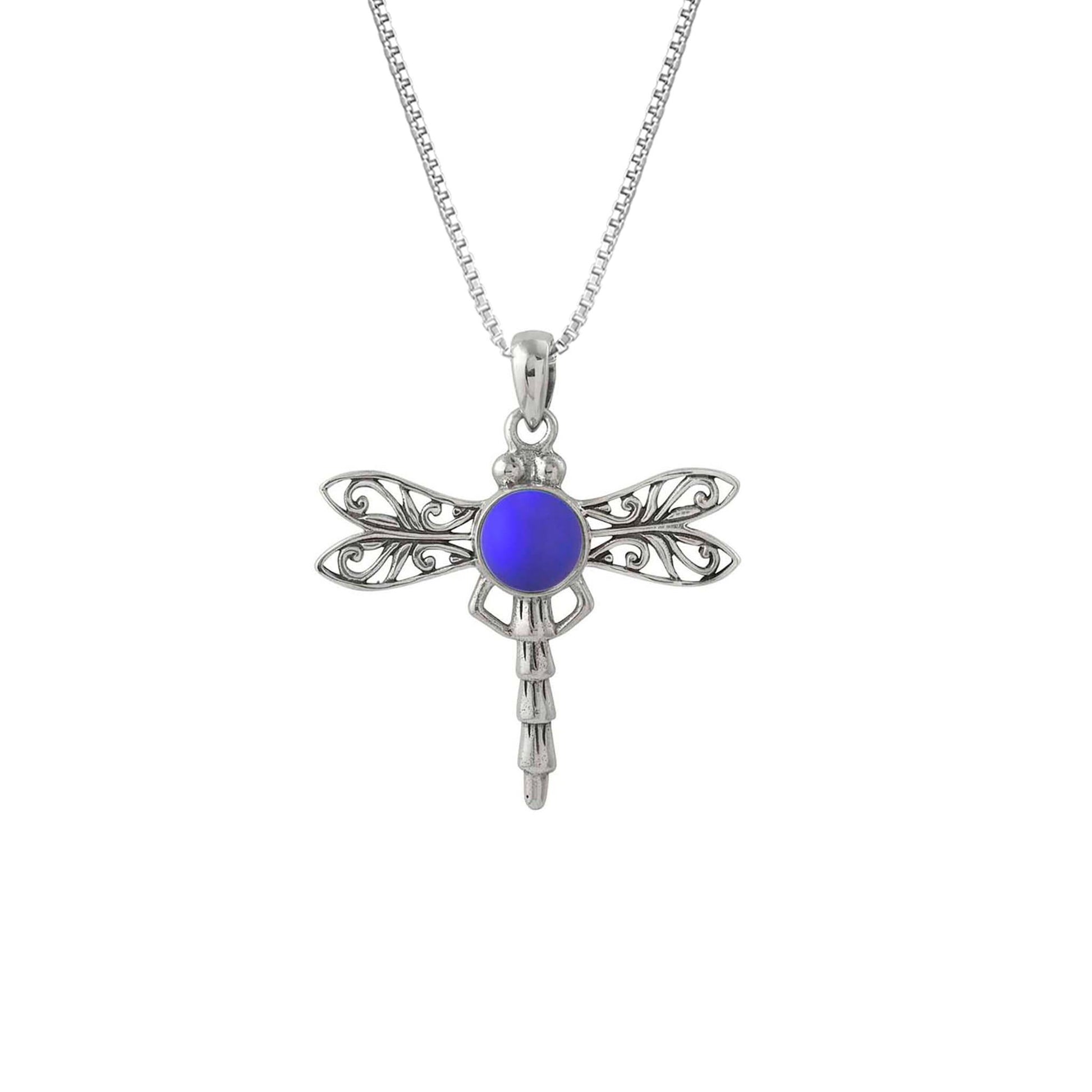 Dragonfly Pendant, this handmade pendant features a stunning glowing frosted violet crystal, elegantly surrounded by intricate silver details in the dragonfly's wings and body. The pendant comes with an 18" sterling silver .7mm box chain included.