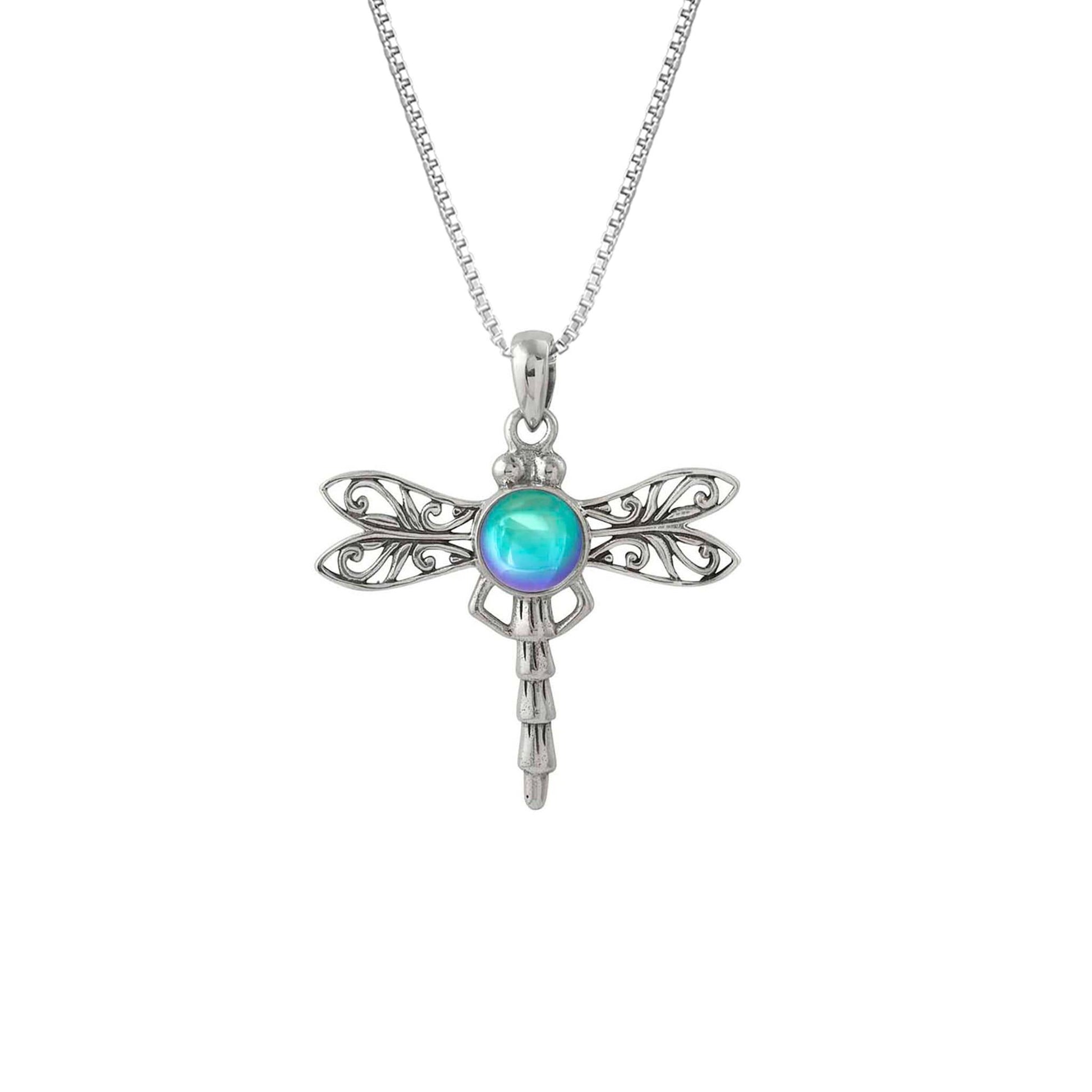 Dragonfly Pendant, this handmade pendant features a stunning glowing polished aqua crystal, elegantly surrounded by intricate silver details in the dragonfly's wings and body. The pendant comes with an 18" sterling silver .7mm box chain included.