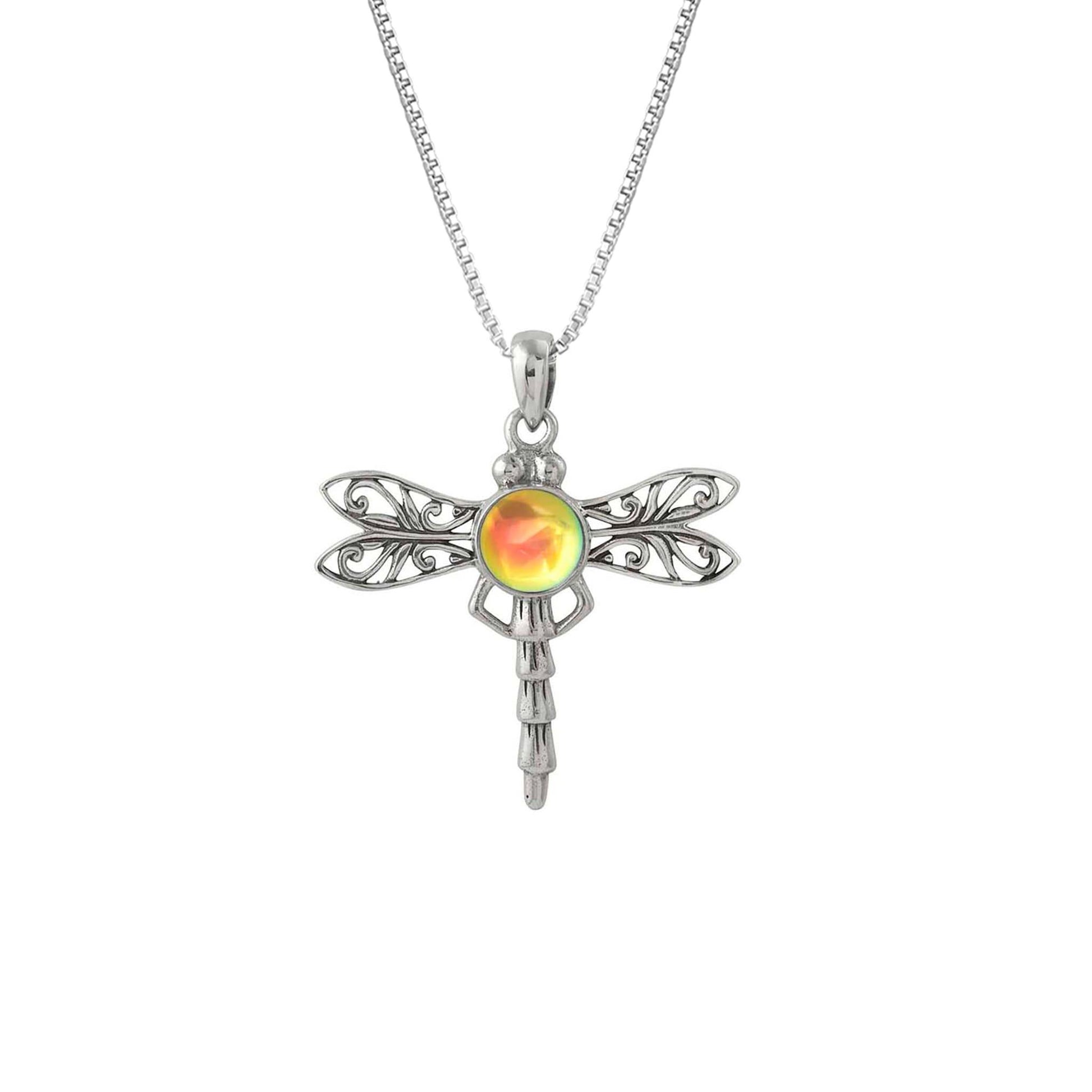 Dragonfly Pendant, this handmade pendant features a stunning glowing polished fire crystal, elegantly surrounded by intricate silver details in the dragonfly's wings and body. The pendant comes with an 18" sterling silver .7mm box chain included.